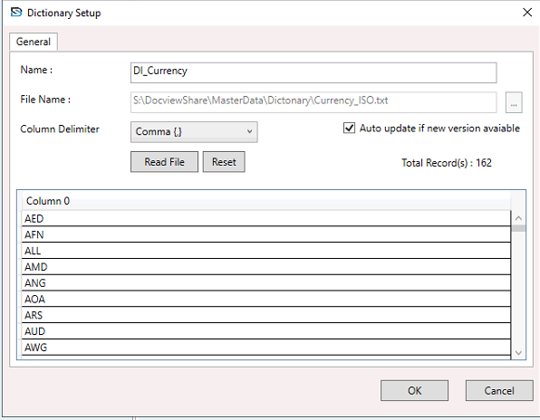 dictionary Setup Properties